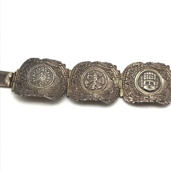 Vintage EME MEXICO 925 Sterling Silver Mayan Face Panel Link Bracelet 7" - Picture 4 of 12